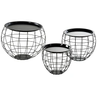HOMCOM Set 3 Tavolini da Caffè Rotondi con Funzione Contenitore, Design a Griglia in Acciaio Nero, per Salotto o Ufficio(m-10)