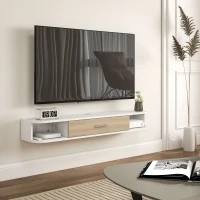 HOMCOM Meuble TV mural banc TV jusqu'à 50 pouces avec compartiments ouverts et armoire à porte rabattable blanc(m-2)