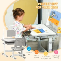 HOMCOM Kids Study Desk and Chair Set w/ Adjustable Height, Storage, Drawer, Grey(m-4)