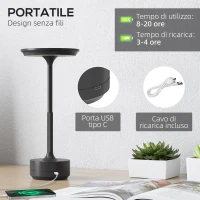 HOMCOM Lampada Senza Filo Touch Luce LED 3 Tonalità e Batteria Ricaricabile, Ø13x28.5cm, Nero(m-4)