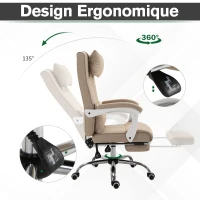 HOMCOM Fauteuil de Bureau Chaise de Bureau Ergonomique avec Repose-Pieds Rétractable, Dossier inclinable, tétière et Soutien des Lombaires, Réglable en Hauteur, en tissu Beige(m-4)