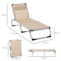Outsunny Sonnenliege faltbar Gartenliege mit Kopfkissen ergonomisch Relaxliege mit 4-stufig verstellbaren Rückenlehne Alu bis 120 kg belastbar für Garten, Terrasse, Pool, , Strand,Beige(m-3)