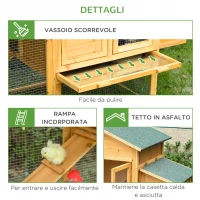 PawHut Gabbia per Galline con Casetta e Area Aperta, Nido con Tetto Apribile e Rete Metallica, Pollaio in Legno Giallo, 168x75x103cm(m-7)