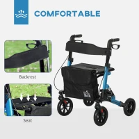 HOMCOM Folding Rollator Walker with Seat, Backrest, Lightweight Walking Frame with Storage Bag, Dual Brakes, Adjustable Handle Height, Suspension System, 4 Wheeled Walker for Seniors, Blue(m-4)