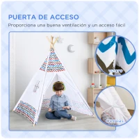 HOMCOM Tienda de Campaña para Niños de +3 Años Tipi Infantil de Madera Portátil con Ventana para Interiores y Exteriores 120x120x155 cm Blanco(m-5)