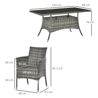 Outsunny 7-Piece Rattan Garden Furniture Set with Cushions, 6 Seater Garden Table and Chairs, Rattan Dining Set with 6 Armchairs, Rectangular Glass Top Table, Grey(m-3)