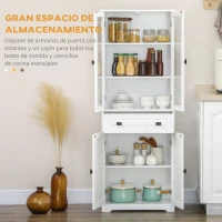 HOMCOM Alacena de Cocina con 2 Puertas de Vidrio 2 Estantes Ajustables y Cajón para Salón Comedor 60x30x160 cm Blanco(m-4)