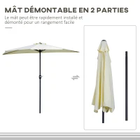 Outsunny Demi parasol Ø 2,6 m, parasol de balcon 5 entretoises acier polyester beige(m-6)