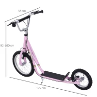 HOMCOM Patinete 135x58x92-100 cm 2 Ruedas 16/12 pulgadas con 2 Frenos Scooter + Caballete Rosa(m-3)
