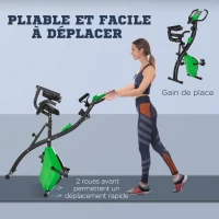 HOMCOM Vélo d'appartement pliable, vélo d'exercice, home traîner pour adultes, 8 niveaux de résistance magnétique, capteurs pouls main, écran LCD multifonction, selle réglable, acier, vert, noir(m-7)