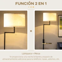 HOMCOM Lámpara de Pie con Mesita Auxiliar y Pantalla de Lino Interruptor de Cadena y Cargador USB Ø40x170 cm Natural(m-6)