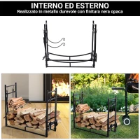 Outsunny Portalegna da Interno ed Esterno in Metallo con Paletta, Scopa, Attizzatoio e Pinza, Nero, 84x33x76cm(m-7)