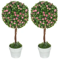 HOMCOM Set of 2 Decorative Artificial Plants, Ball Topiary Tree with Rose Flower in Pot, Fake Plants for Home Indoor Outdoor Decor, 60cm, Pink(m-11)