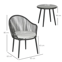 Outsunny Salotto da Giardino in Rattan con 2 Poltroncine con Cuscini e Tavolino da Caffè in Vetro, Grigio(m-3)
