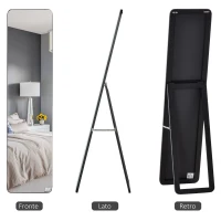 HOMCOM Specchio da Terra e da Parete con Struttura in Legno e Supporto Pieghevole, 37x43x156cm, Nero(m-4)