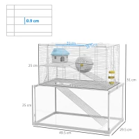 PawHut Gerbil Cage, Dwarf Hamster Cage w/ Deep Glass Bottom, Ramps, Platforms, Hut, Exercise Wheels, Water Bottle - White(m-3)