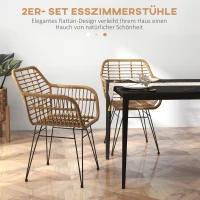 HOMCOM 2-er-Set Stühle im Boho-Stil, Küchenstühle, PE-Rattan, 56 x 60 x 79 cm, Natur + Schwarz(m-4)