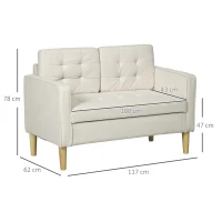 HOMCOM Modern Loveseat Sofa, Compact 2 Seater Sofa with Hidden Storage, 117cm Tufted Cotton Couch with Wood Legs, Cream White(m-3)