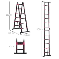 HOMCOM Escalera de Aluminio Plegable 2 Formas de Uso con 12 Escalones Antideslizantes Carga 150 kg 379x67,5x11 cm Negro y Rojo(m-3)