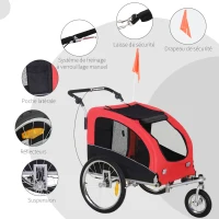 HOMCOM Remorque vélo Jogger 2 en 1 pour Animaux Drapeau Roue Avant pivotante réflecteurs et Barre d'attelage Inclus Rouge Noir(m-5)