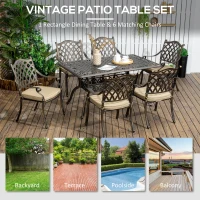 Outsunny 7 PCs Garden Patio Dining Set with Parasol Hole, Cast Aluminium Outdoor Furniture Set with Six Cushioned Chairs and Rectangle Dining Table, for Garden, Lawn, Deck, Bronze Tone(m-6)