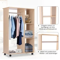 HOMCOM Kleiderschrank auf Rollen, mobile Garderobe, Garderobenschrank, Rollbarer Kleiderständer, 80 x 40 x 128 cm, Natur(m-6)