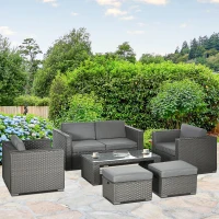 Outsunny 6PC Garden Rattan Sofa Set Bonzer Outdoor Furniture Patio Table Loveseat Stool Lounging Ottoman Aluminium Frame Wicker Weave Conservatory Grey(m-2)