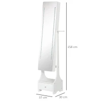 HOMCOM Armario para Joyas con Espejo de Cuerpo Entero Ángulo Ajustable con Cajón y Colgador para Secador 37x30x158 cm Blanco(m-3)