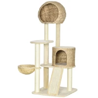 PawHut Arbre à chats griffoir sisal naturel 2 niches plateforme hamac peluche jacinthe d'eau - 60 x 60 x 150 cm beige(m-10)