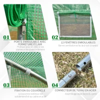 Outsunny Serre de jardin tunnel grande taille avec bâche PE cadre en acier porte enroulable et 12 fenêtres 8 x 3 x 2 m vert(m-5)