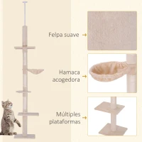 PawHut Árbol para Gatos de Suelo a Techo de 230-260 cm con Altura Ajustable Plataformas Hamaca y Postes de Sisal Beige(m-7)