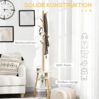 HOMCOM Garderobenständer mit Beistelltisch im Skandi-Design, 5 Kleiderhaken, 39, 5 cm x 39,5 cm x 171 cm, Natur + Weiß(m-6)