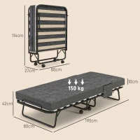 HOMCOM Single Steel Frame Folding Bed, with Wheels - Black/Grey(m-3)