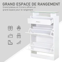 HOMCOM Armoire à Chaussures Meuble rangement Chaussures 2 Portes abattantes 2 Compartiments, tiroir, Plateau en Verre - Bois chêne Blanc(m-5)