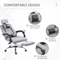 HOMCOM Fauteuil de bureau manager grand confort repose-pied tétière + coussin lombaires intégrés dossier inclinable revêtement tissu micro perforé gris noir(m-7)