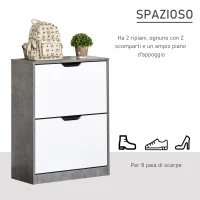 HOMCOM Mobile Portascarpe, Scarpiera Salvaspazio Bassa a 2 Ante per 8 Paia di Scarpe, Arredamento Moderno, Grigio e Bianco, 62.5x26x81cm(m-5)