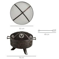 Outsunny 61cm Outdoor Fire Pit Patio Heater Charcoal Log Wood Burner with Screen Cover, Fire Bowl with Poker for Backyard, Bronze Tone(m-3)