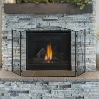 HOMCOM Pantalla de Chimenea Plegable con Bisagras 132,5x76,5 cm Estructura de Acero Resistente Malla Decorativa Negro(m-2)