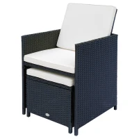 Outsunny Ensemble salon de jardin encastrable 10 places 6 fauteuils monoblocs 4 tabourets coussins déhoussables crème table plateau verre trempé résine tressée 4 fils noire(m-6)