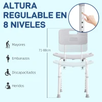 HOMCOM Taburete de Ducha Silla para Ducha con Respaldo Antideslizante Altura Regulable en 8 Niveles Carga 136 kg(m-4)
