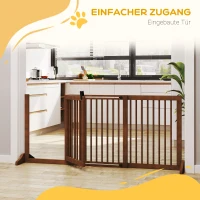 PawHut Absperrgitter Hunde Türschutzgitter Schutzgitter aus Holz Freistehendes Hundegitter mit Tür Hundeabsperrgitter Konfigurationsgitter für Kamin & Ofen Braun 113-166 x 36 x 71 cm(m-6)