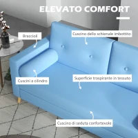 HOMCOM Divano 3 Posti in Tessuto con 2 Cuscini a Cilindro, 180x81x83cm, Azzurro(m-5)