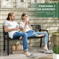 Outsunny Panchina da Giardino 2 Posti in Acciaio con Schienale Decorato e Braccioli, 127x50x75cm, Nero(m-4)
