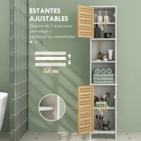 HOMCOM Mueble Auxiliar de Baño con Estantes Ajustables y Puertas de Bambú Anti-vuelco 35x30x170 cm Blanco y Natural(m-5)