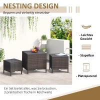 Outsunny Beistelltisch 3er Set Couchtisch Gartentisch Satztisch Balkontisch Polyrattan Braun 40x40x40/50x50x50/60x60x60 cm(m-6)