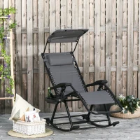 Outsunny Garden Rocking Chair Folding Recliner Outdoor Adjustable Sun Lounger Rocker Zero-Gravity Seat with Headrest Side Holder Patio Deck - Grey(m-10)