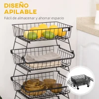 HOMCOM Frutero de 4 Niveles con Ruedas Carrito de Almacenamiento para Cocina Salón Dormitorio 40x28x97 cm Negro(m-5)
