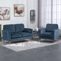 HOMCOM Fauteuil en tissu avec pieds en acier doré, grand confort, pochettes latérales, pour salon, bureau, chambre, bleu(m-7)