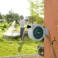Outsunny Retractable Hose Reel Wall Mounted, 30+2m Garden Hose Pipe Reel with Lock, Auto Rewind, 7 in 1 Spray Nozzle, Includes Wall Fixings, 180° Swivel, Outdoor Watering, Grey(m-2)