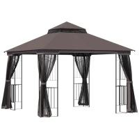 Outsunny Gartenpavillon mit Doppeldach Pavillon Gartenzelt Festzelt Partyzelt mit 4 x Seitenwand Metall+Polyester Kaffee 2,99 x 2,99 x 2,74 m(m-1)